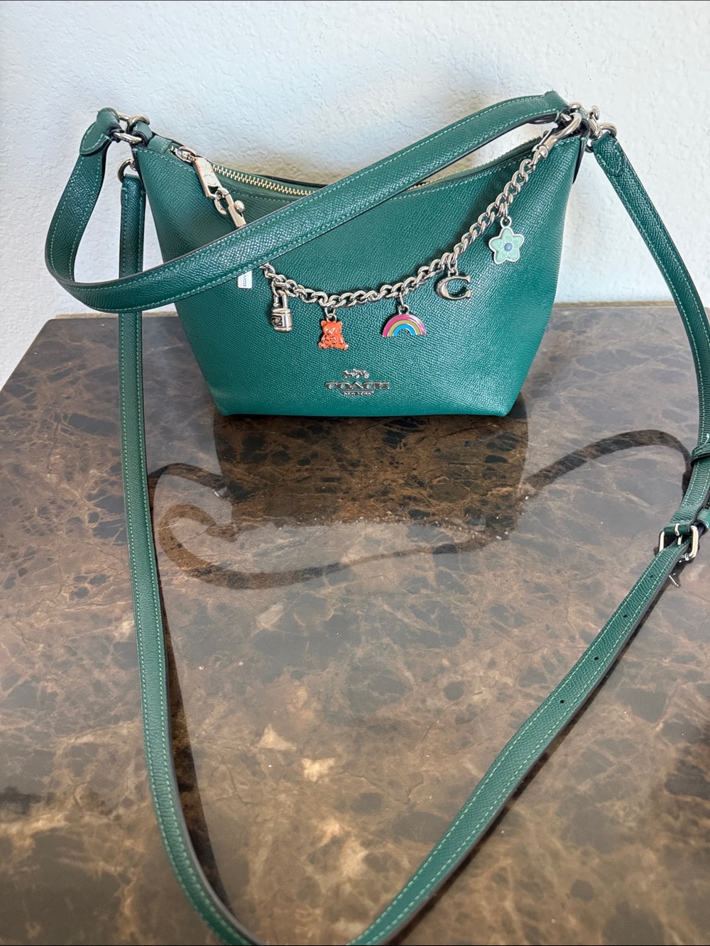 Coach Emerald Green Pebbled Leather Shoulder Bag Crossbody with Charm Chain
